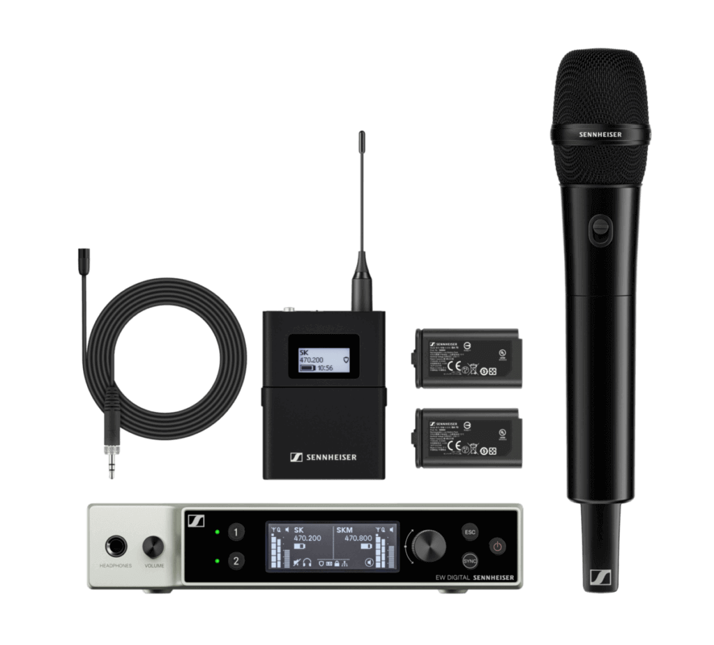 Sennheiser wireless microphone system with receiver, transmitter, cables, and batteries for professional audio recording.