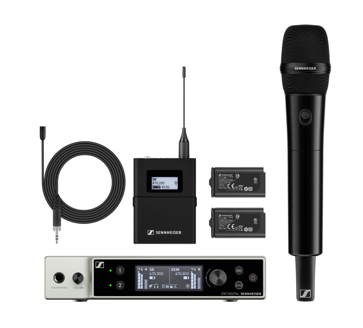 Sennheiser wireless microphone system with receiver, transmitter, cables, and batteries for professional audio recording.